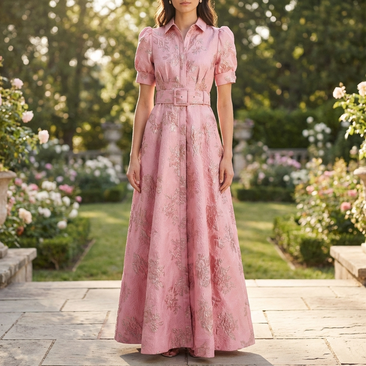 Belted Floral Jacquard Maxi Dress