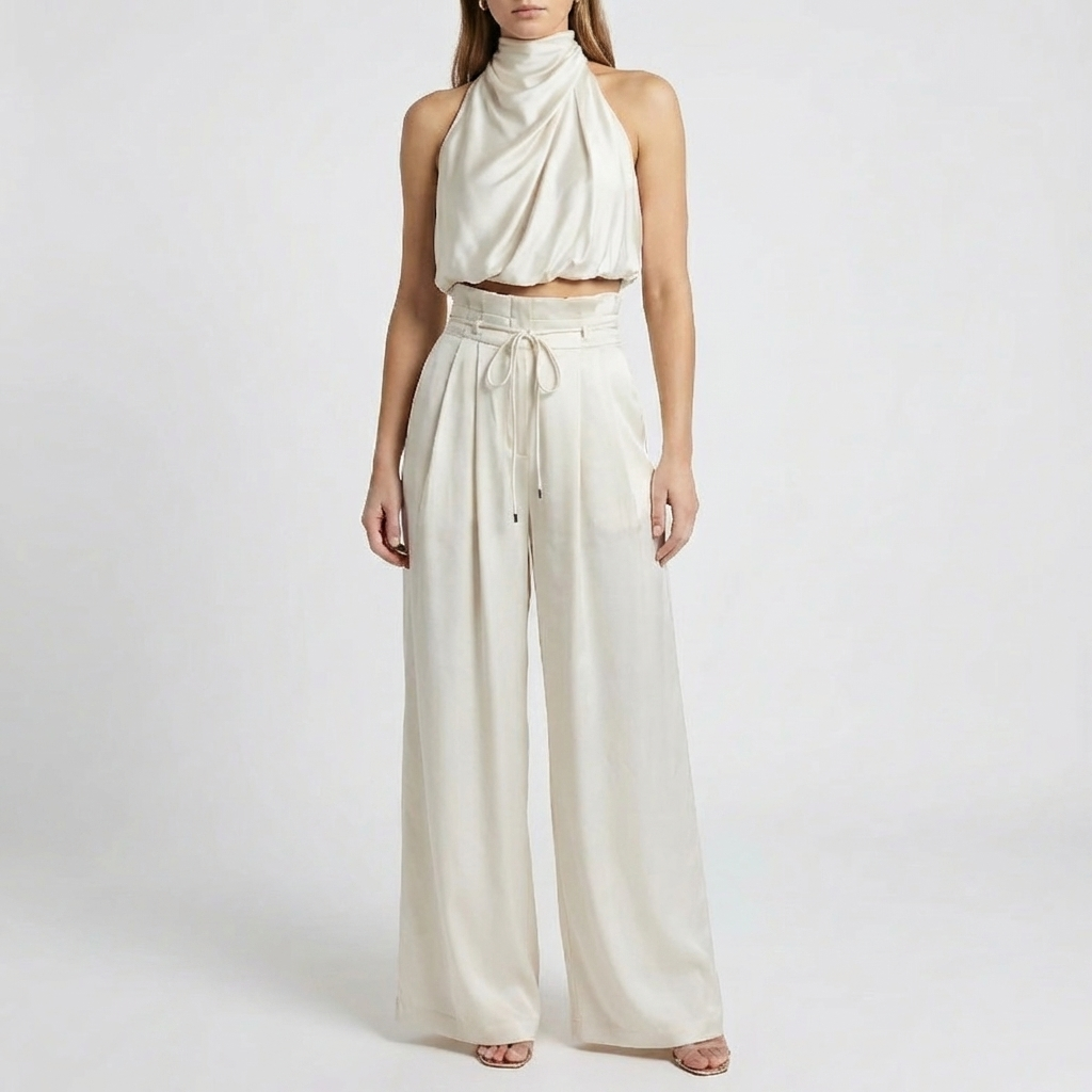 Draped Halter Top And Wide-Leg Trouser Set for Women