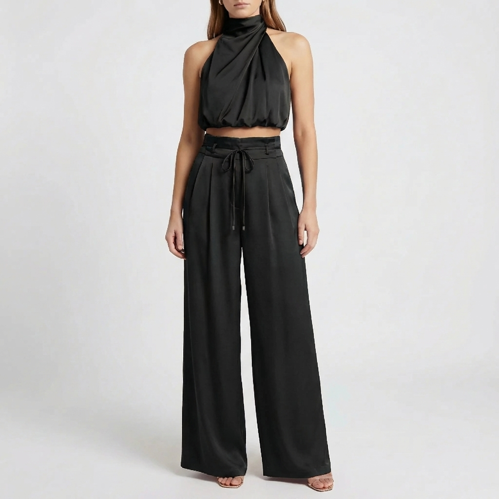 Draped Halter Top And Wide-Leg Trouser Set for Women