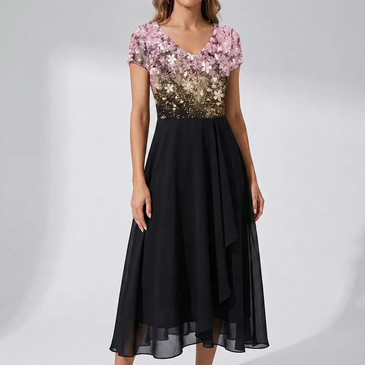 Floral Print V-Neckline Midi Dress for Women