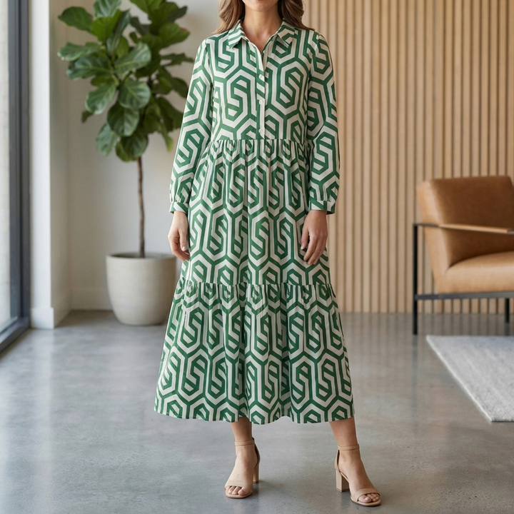 Long-Sleeve Geometric Print Midi Dress