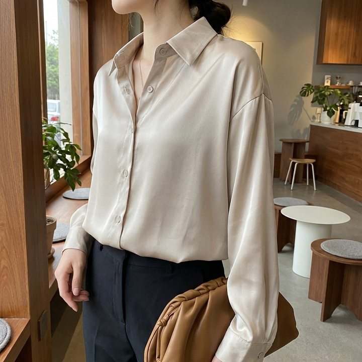 Satin Blouse with Long Sleeves and Classic Collar