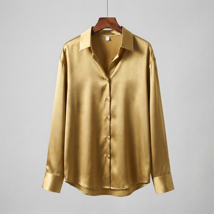 Satin Blouse with Long Sleeves and Classic Collar