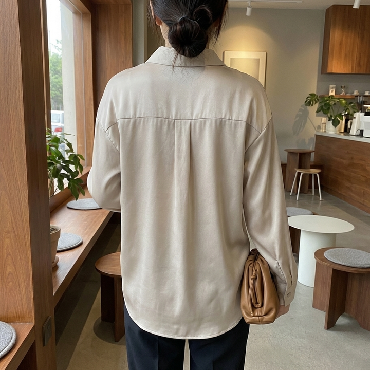 Satin Blouse with Long Sleeves and Classic Collar