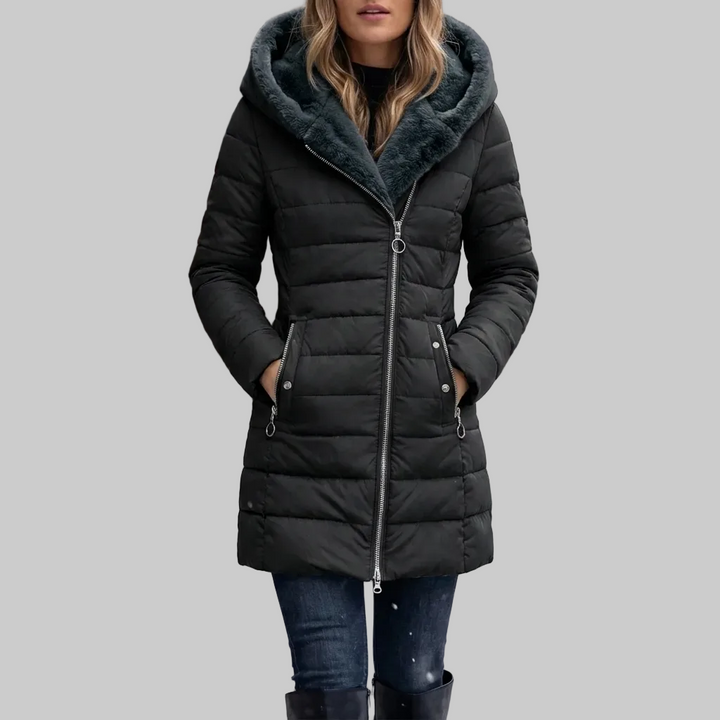 Quilted Hooded Mid-Length Winter Coat for Women