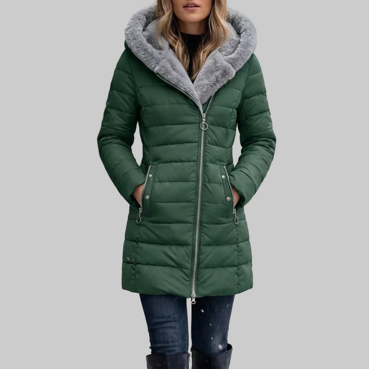 Quilted Hooded Mid-Length Winter Coat for Women