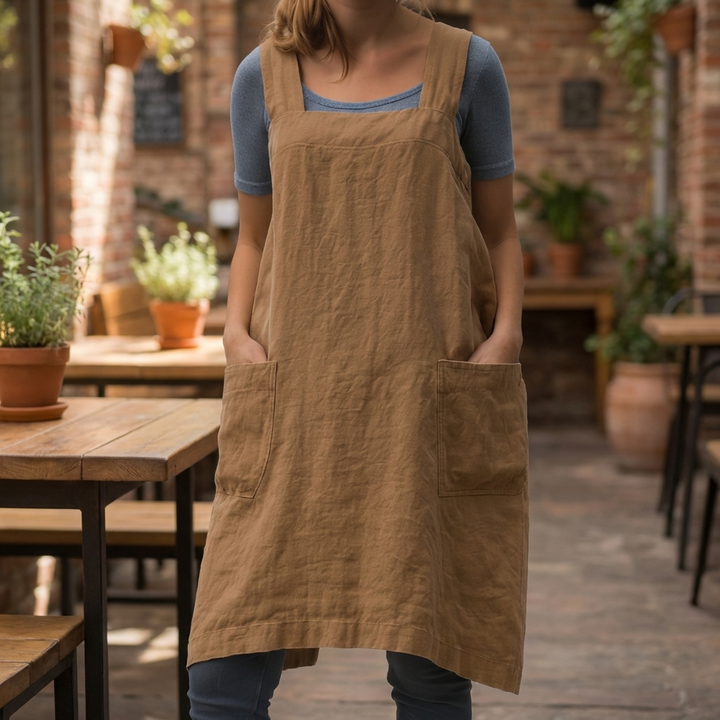 Cotton Linen Apron Style Dress with Pockets for Women