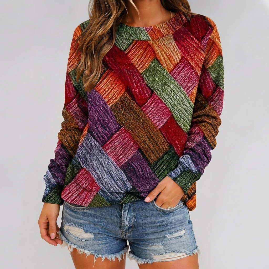 Checkered Knit Sweater for Women