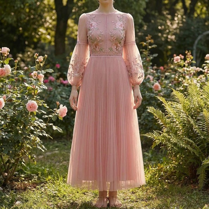 Floral Appliqué Mesh Midi Dress