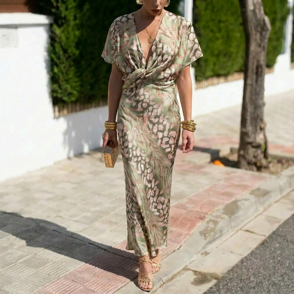 Printed Wrap-Style Midi Dress