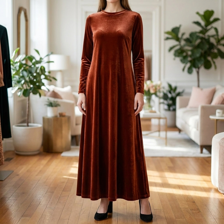 Women's Long-Sleeve Velvet-Effect Maxi Dress
