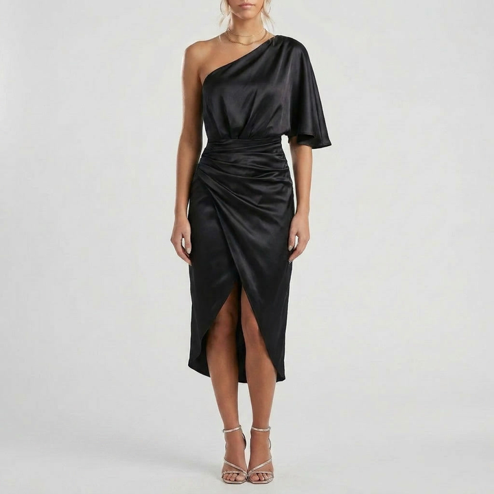 One-Shoulder Satin-Finish Midi Dress