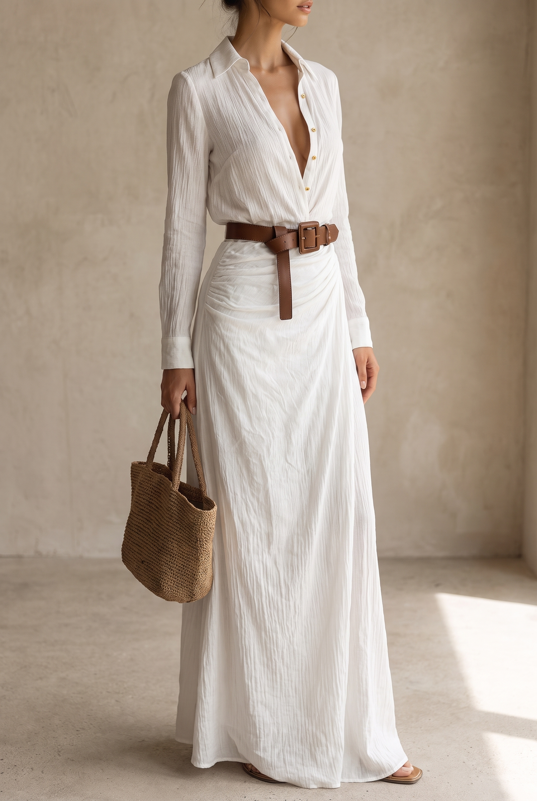 Women's Maxi Dress with Notched Collar, Single-Breasted, with Belt and Long Sleeves