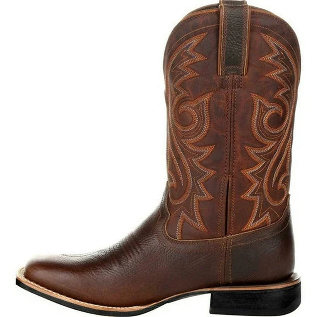 Men's Western Boots with Contrast Stitching - Faux Leather, Non-Slip Sole