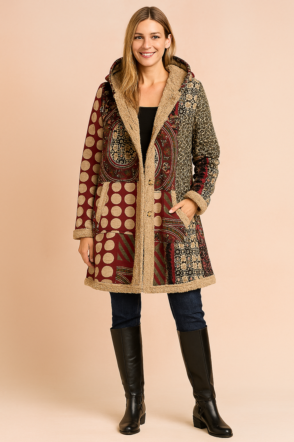 Women's Long Hooded Fleece Coat - Patchwork Pattern in Colourful Print