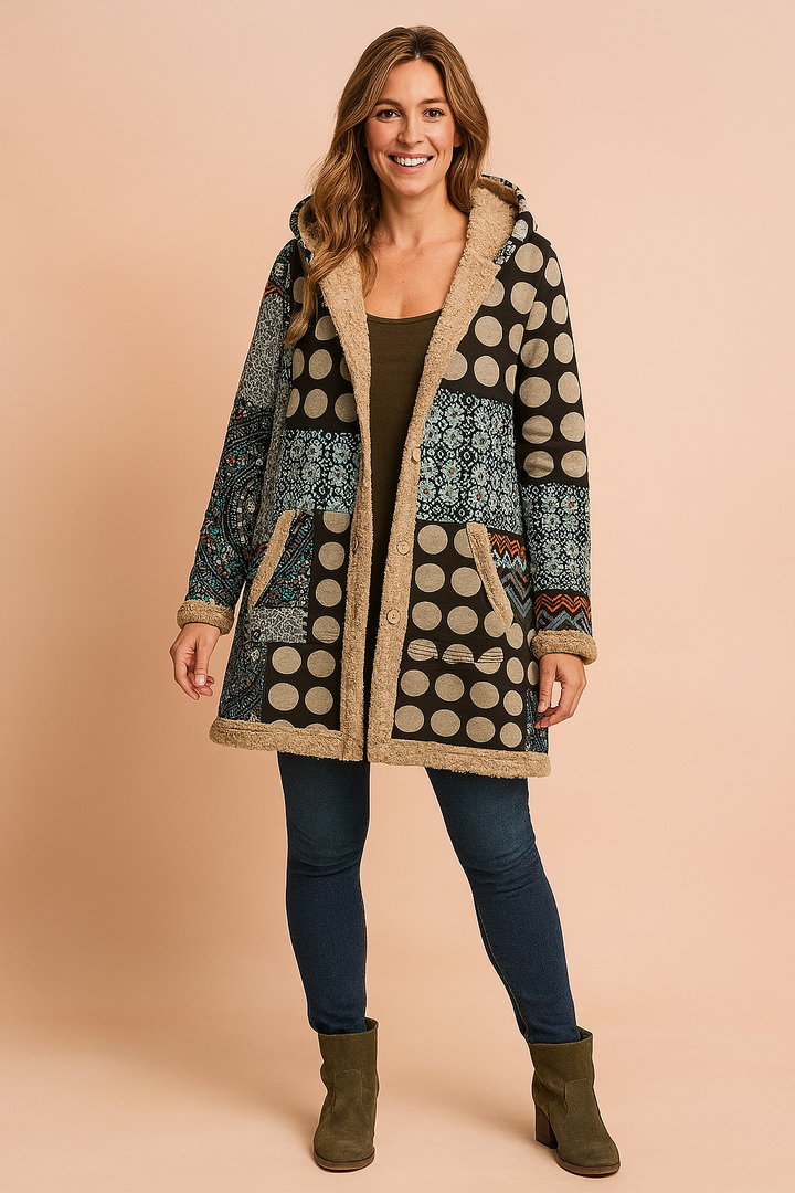 Women's Long Hooded Fleece Coat - Patchwork Pattern in Colourful Print