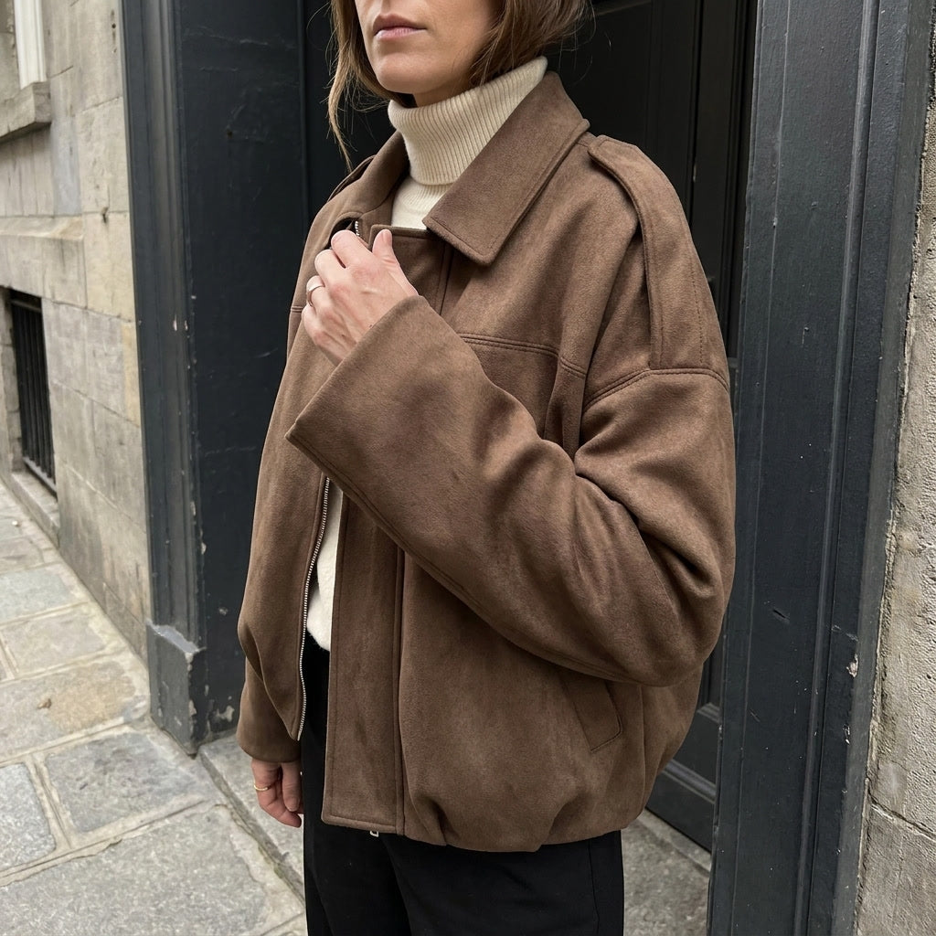 Women's Suede Bomber Jacket Cropped with Tailored Fit