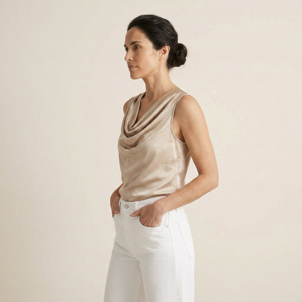 Women's Satin Top Sleeveless Cascade Neckline Flowing Fit