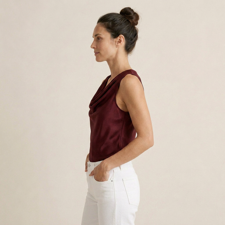 Women's Satin Top Sleeveless Cascade Neckline Flowing Fit
