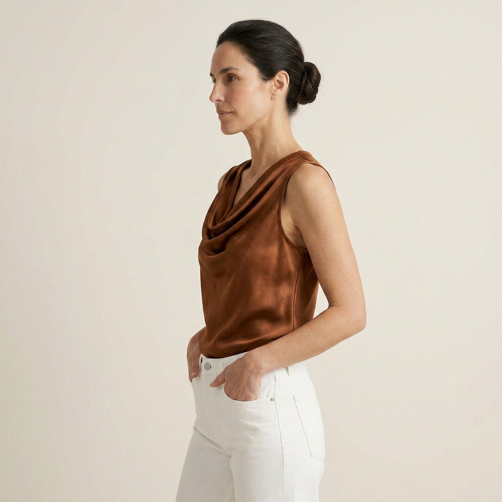 Women's Satin Top Sleeveless Cascade Neckline Flowing Fit