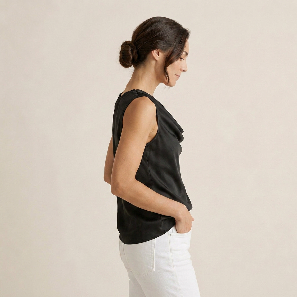 Women's Satin Top Sleeveless Cascade Neckline Flowing Fit