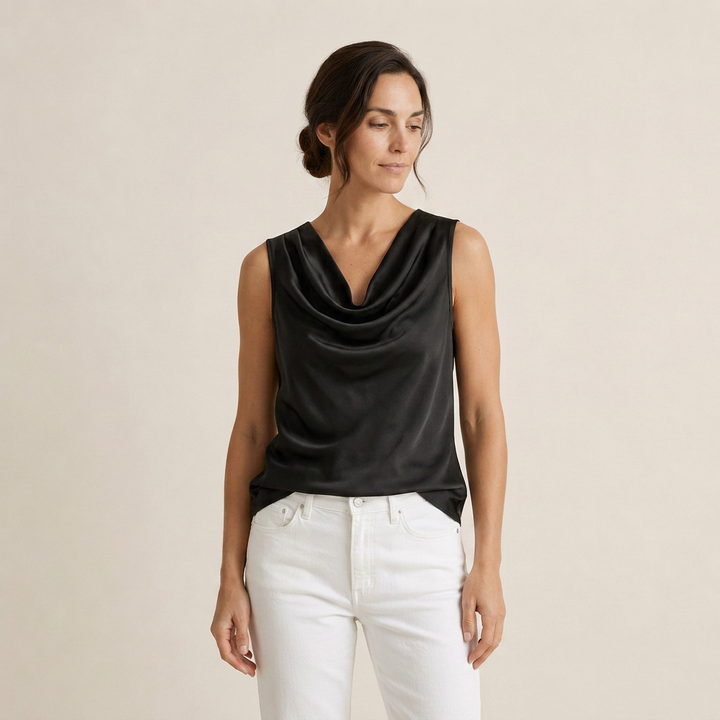 Women's Satin Top Sleeveless Cascade Neckline Flowing Fit