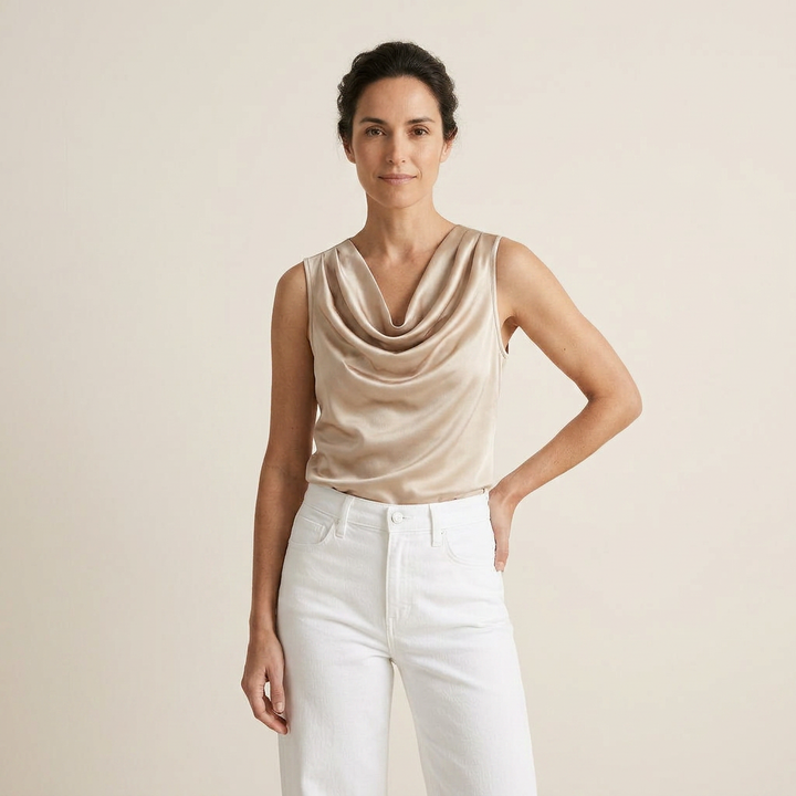 Women's Satin Top Sleeveless Cascade Neckline Flowing Fit