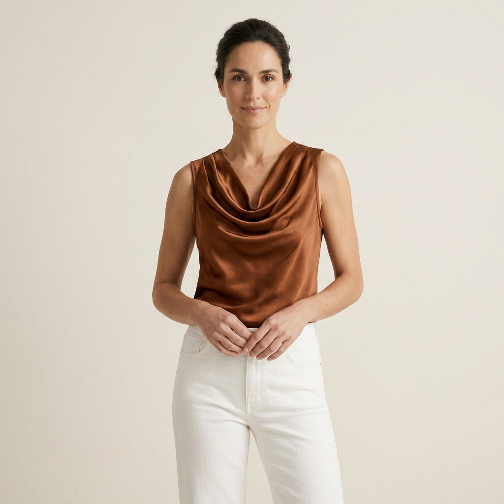 Women's Satin Top Sleeveless Cascade Neckline Flowing Fit