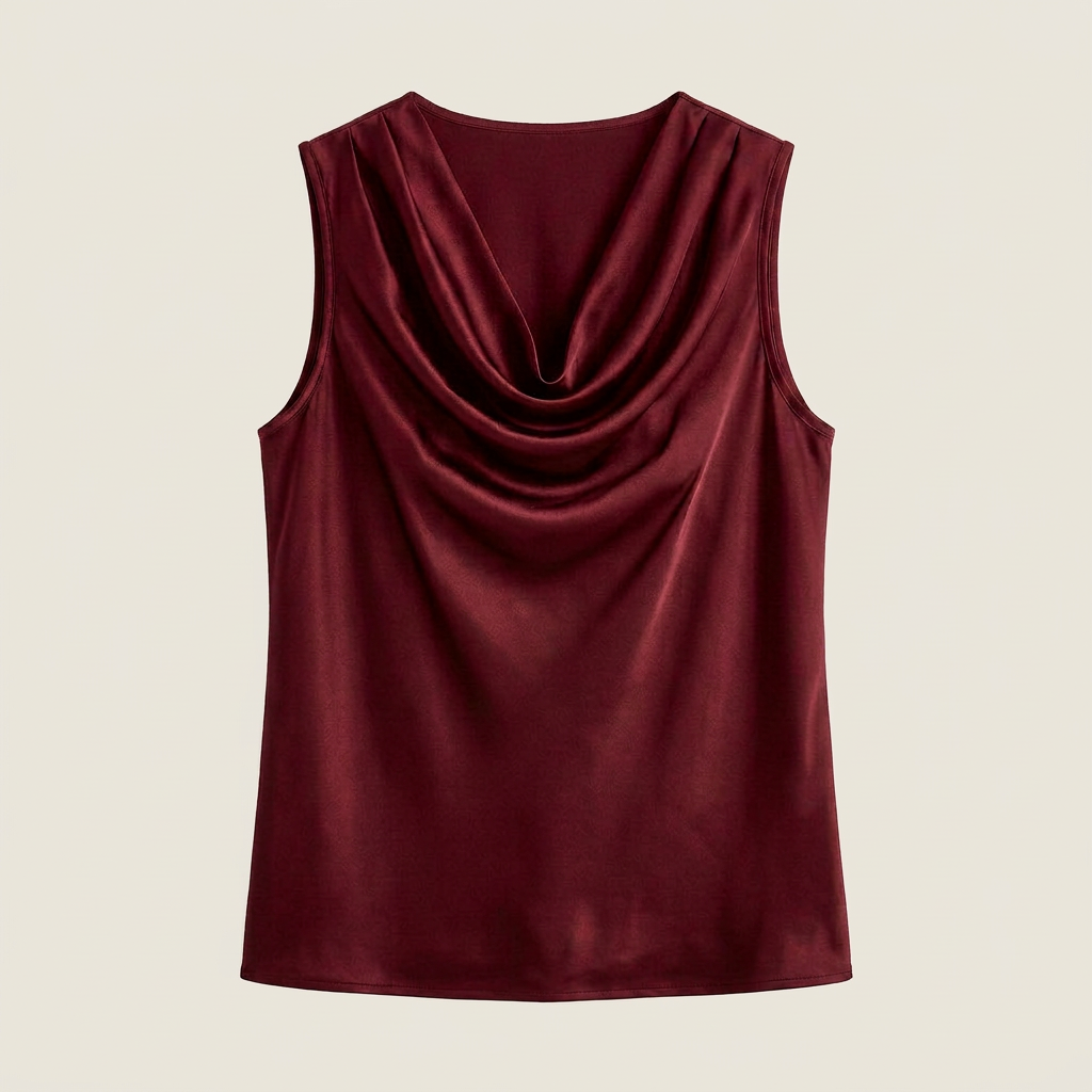 Women's Satin Top Sleeveless Cascade Neckline Flowing Fit