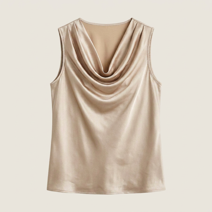 Women's Satin Top Sleeveless Cascade Neckline Flowing Fit