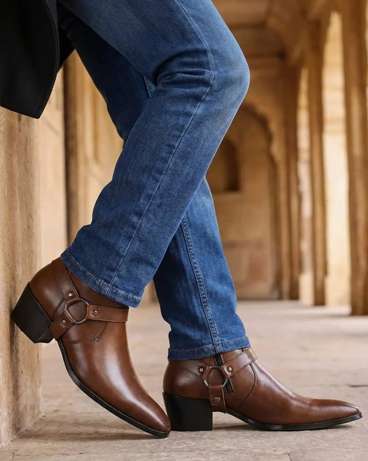 Men's Leather Ankle Boots with Harness Strap and Pointed Toe