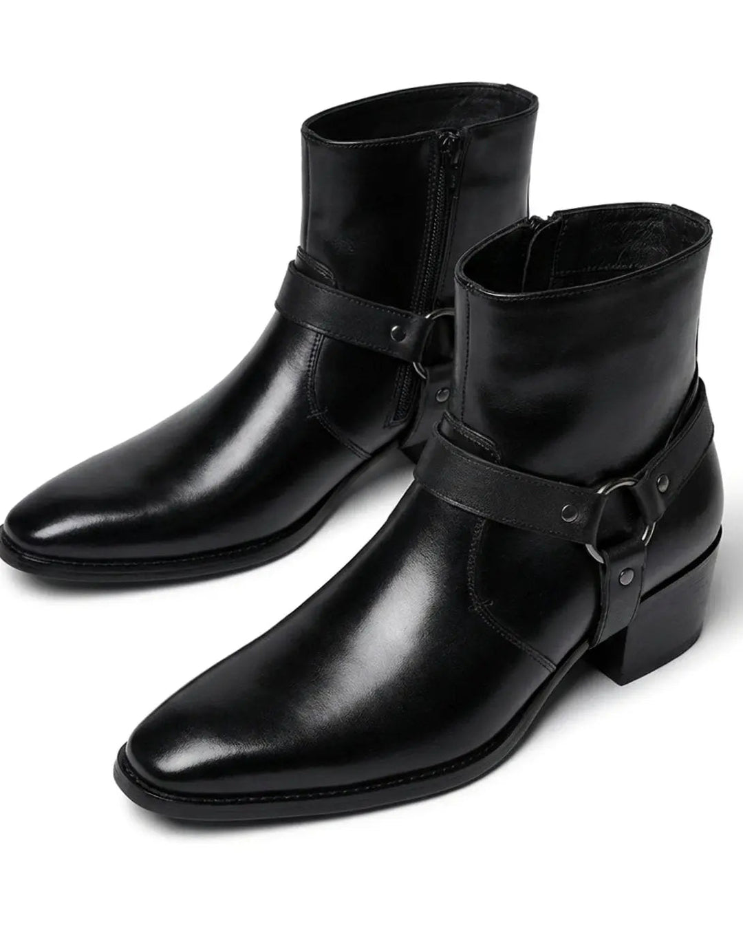 Men's Leather Ankle Boots with Harness Strap and Pointed Toe