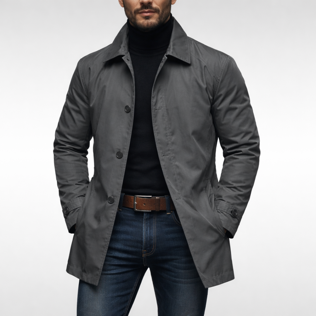Mid-length men's coat with front button placket and classic turn-down collar