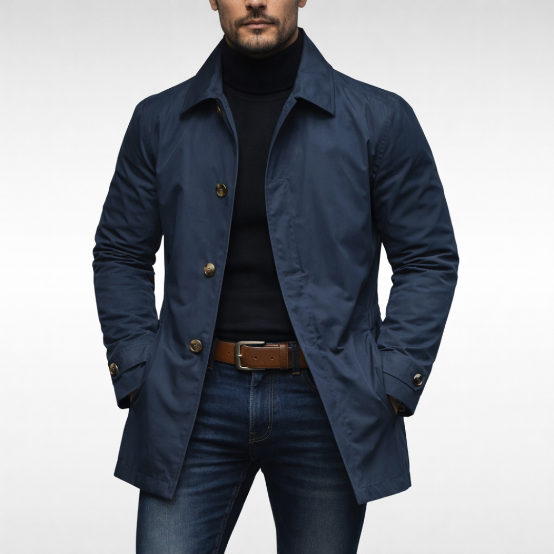 Mid-length men's coat with front button placket and classic turn-down collar