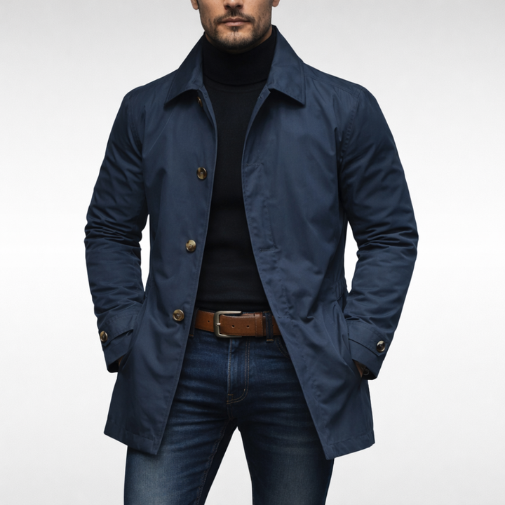 Mid-length men's coat with front button placket and classic turn-down collar