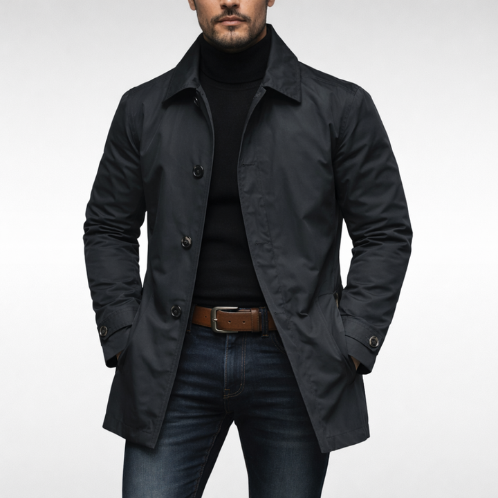 Mid-length men's coat with front button placket and classic turn-down collar