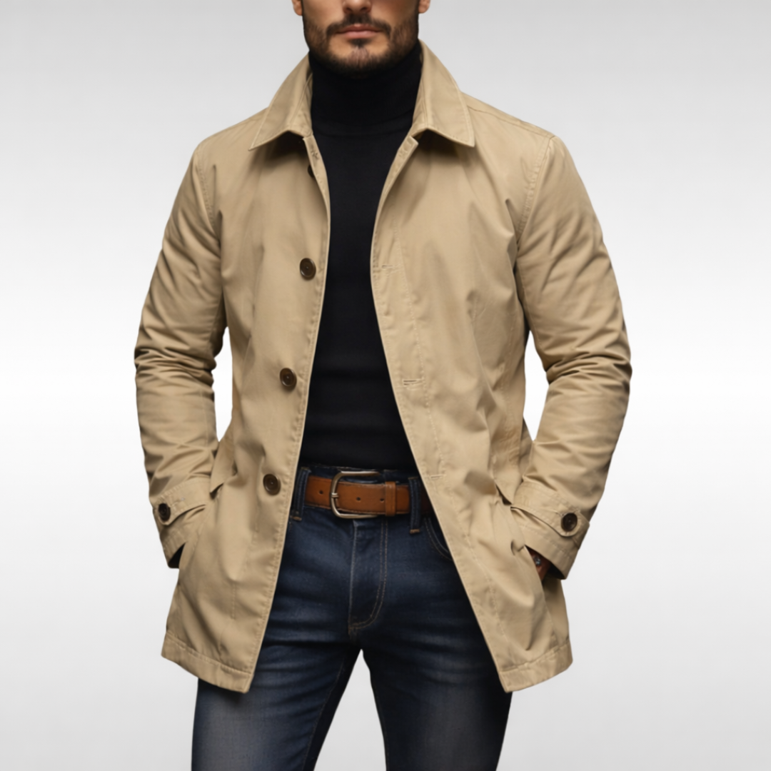 Mid-length men's coat with front button placket and classic turn-down collar