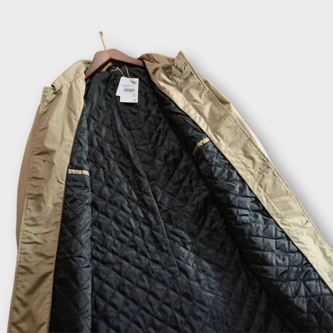 Mid-length men's coat with front button placket and classic turn-down collar