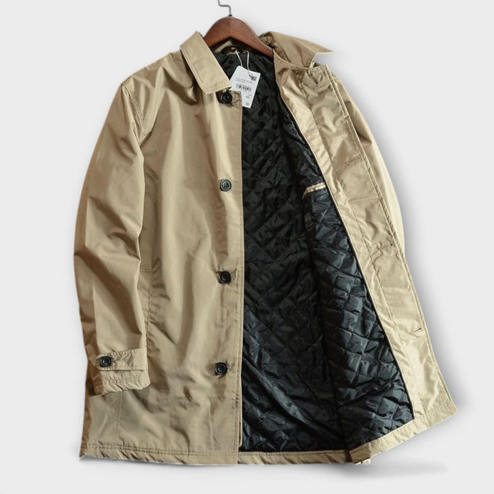 Mid-length men's coat with front button placket and classic turn-down collar