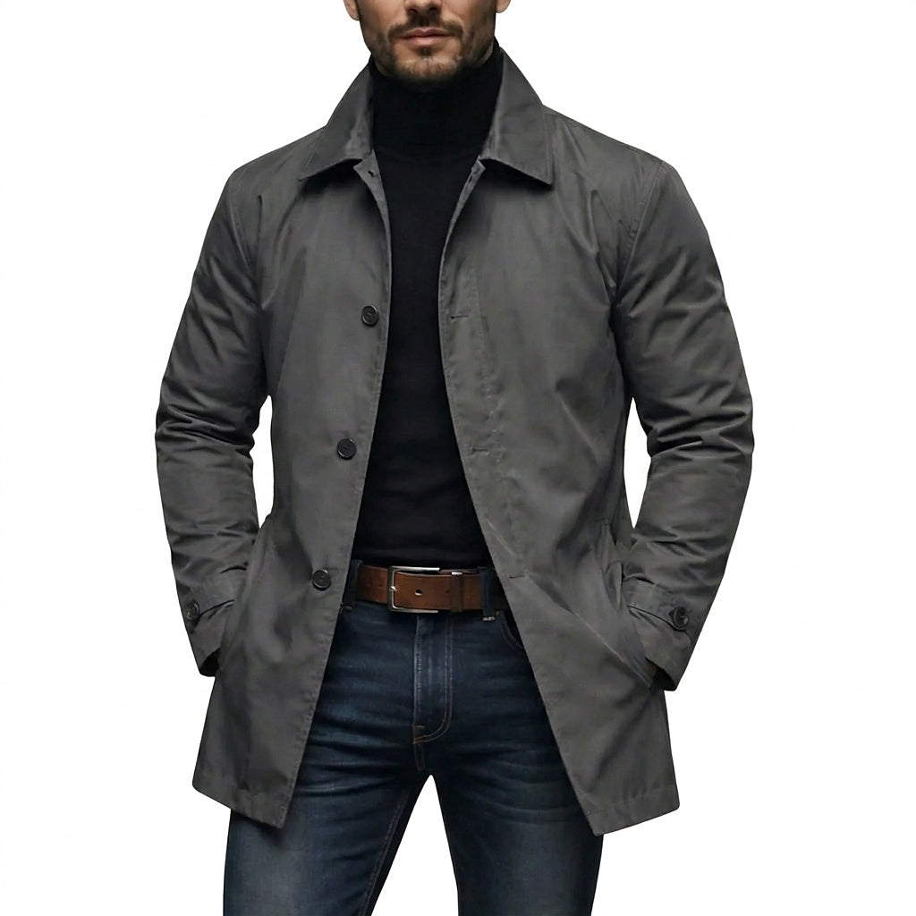 Mid-length men's coat with front button placket and classic turn-down collar