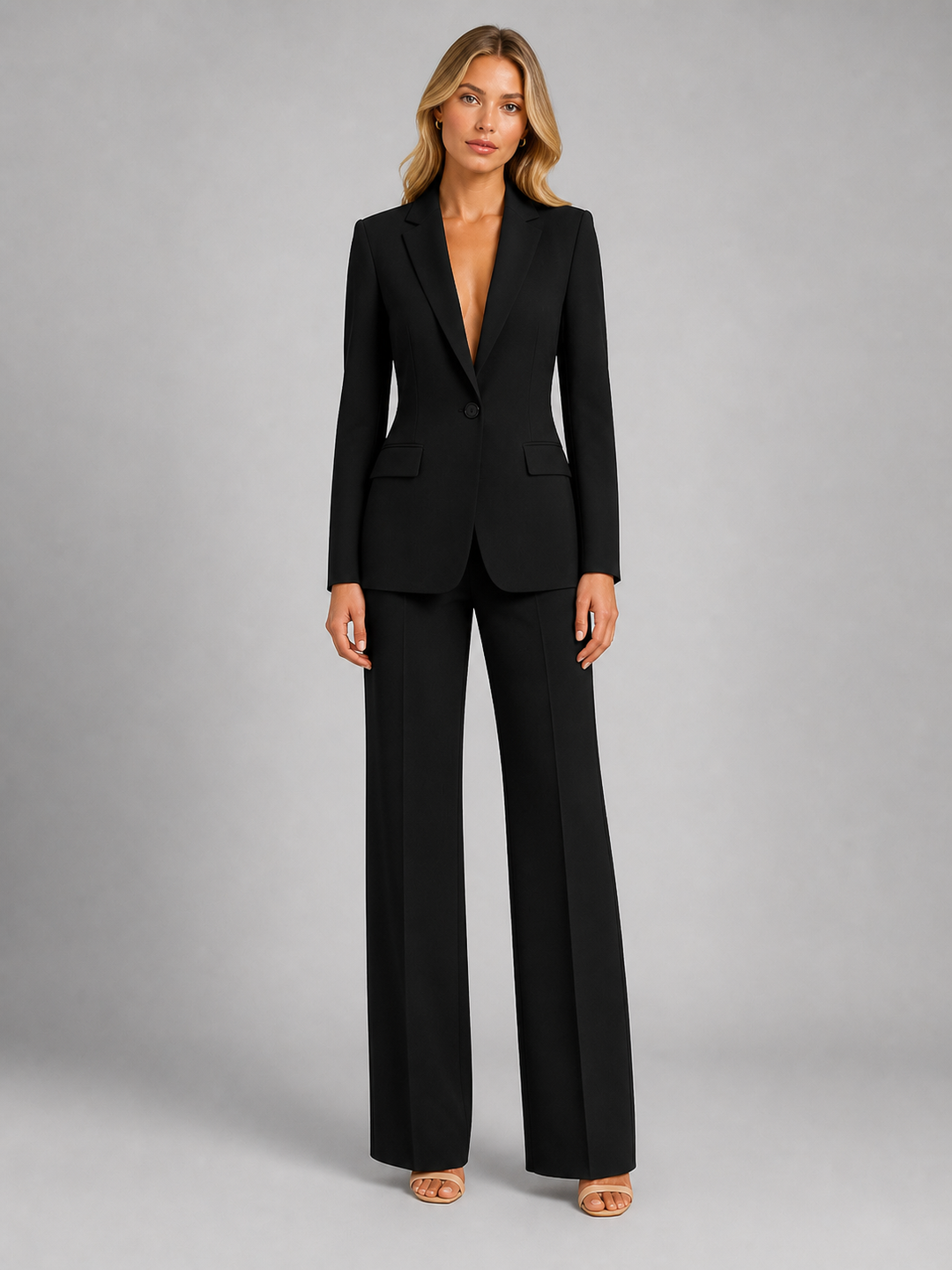 Women's Two-Piece Pantsuit with Blazer and Wide-Leg Pants