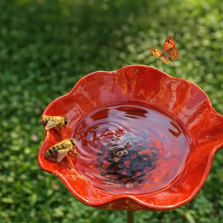 Metal Poppy Bird Bath Garden Stake – Garden and Balcony Decor, 60 cm