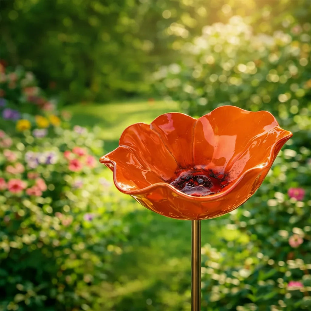 Metal Poppy Bird Bath Garden Stake – Garden and Balcony Decor, 60 cm