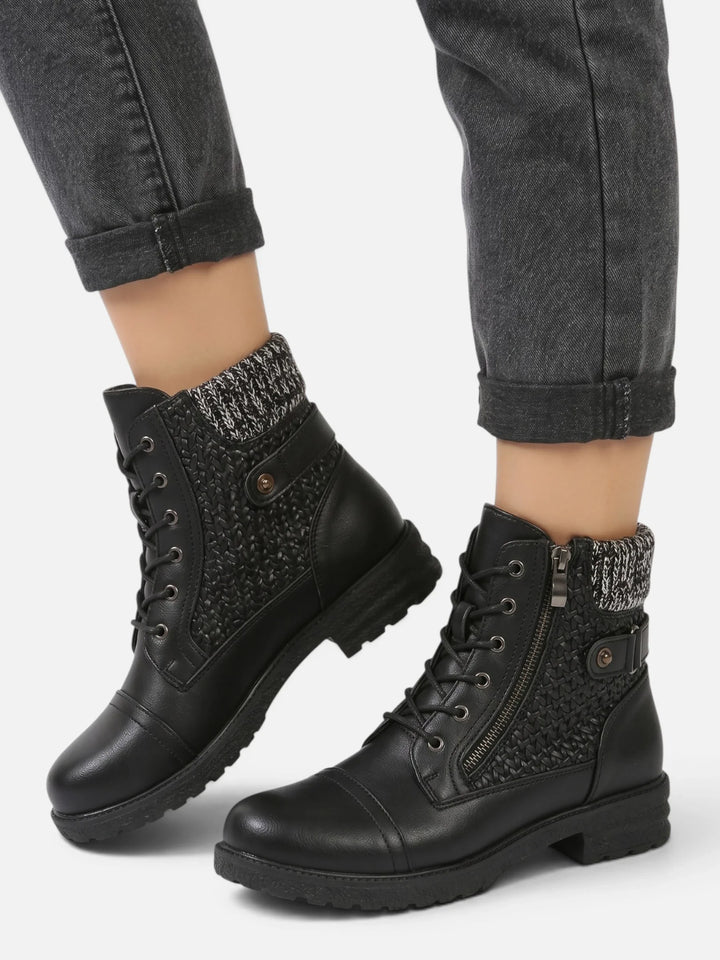 Women's Leather Combat Boots with Knit Panel