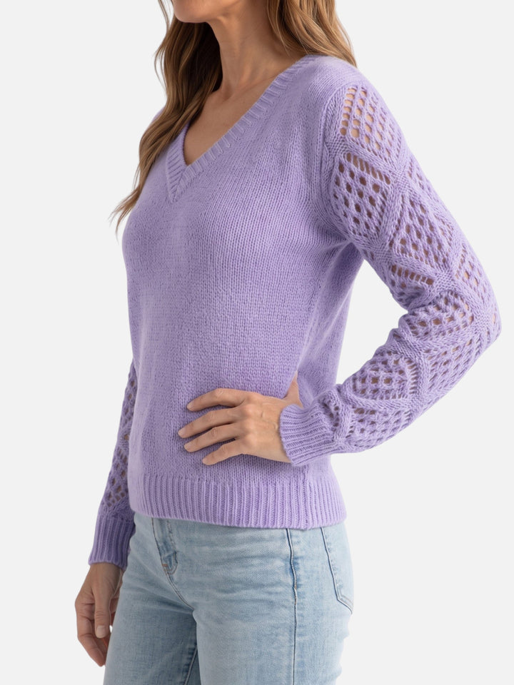 Women's V-Neck Crochet-Style Knit Sweater