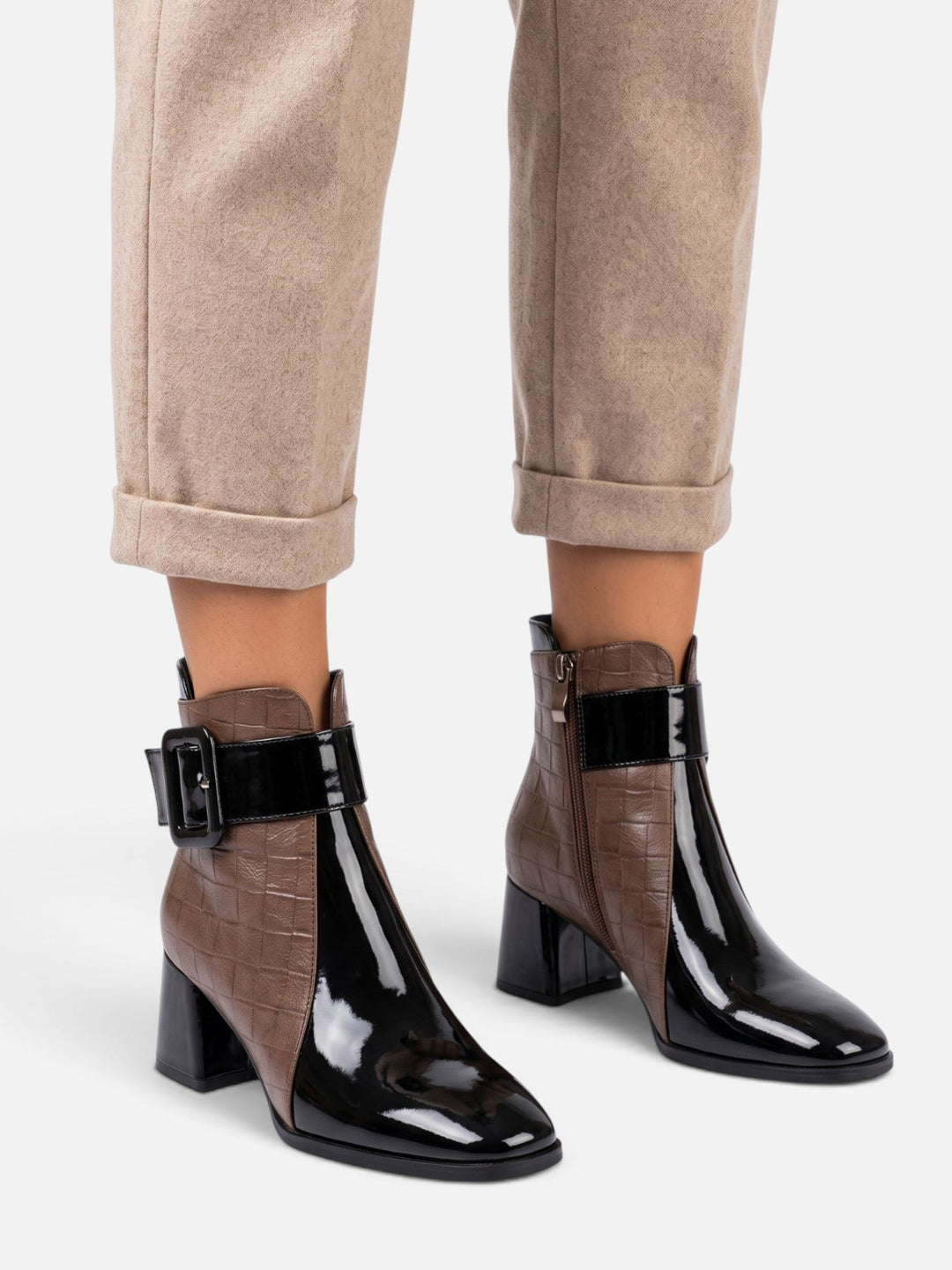 Women's Patent Croc-Effect Ankle Boots with Buckle