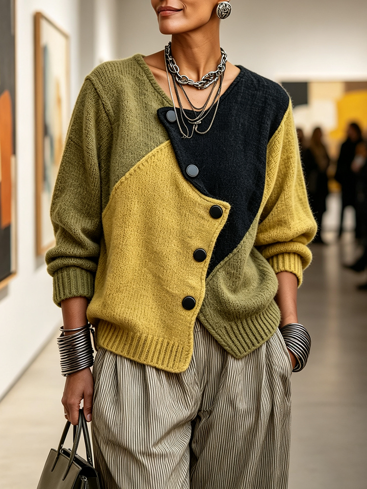 Women's Knit Sweater with Asymmetric Buttons in Colour-Block Style