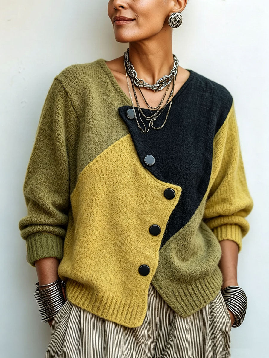 Women's Knit Sweater with Asymmetric Buttons in Colour-Block Style