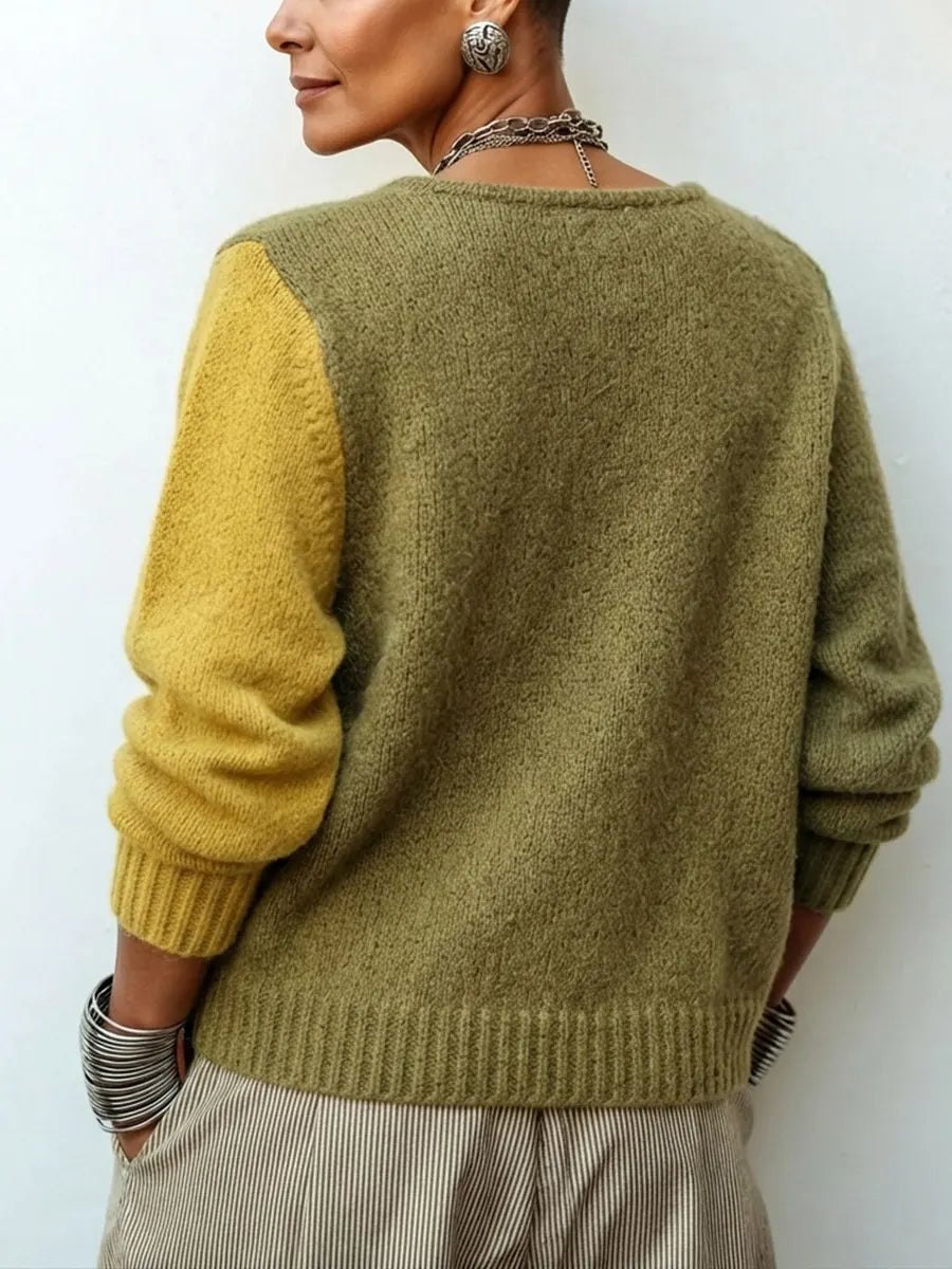 Women's Knit Sweater with Asymmetric Buttons in Colour-Block Style