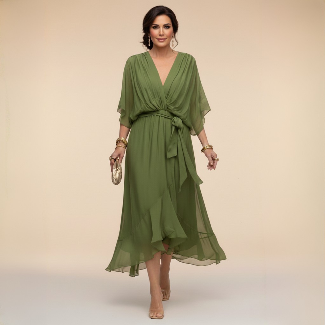 Women's Midi Wrap Dress with V-Neck and 3/4 Sleeves